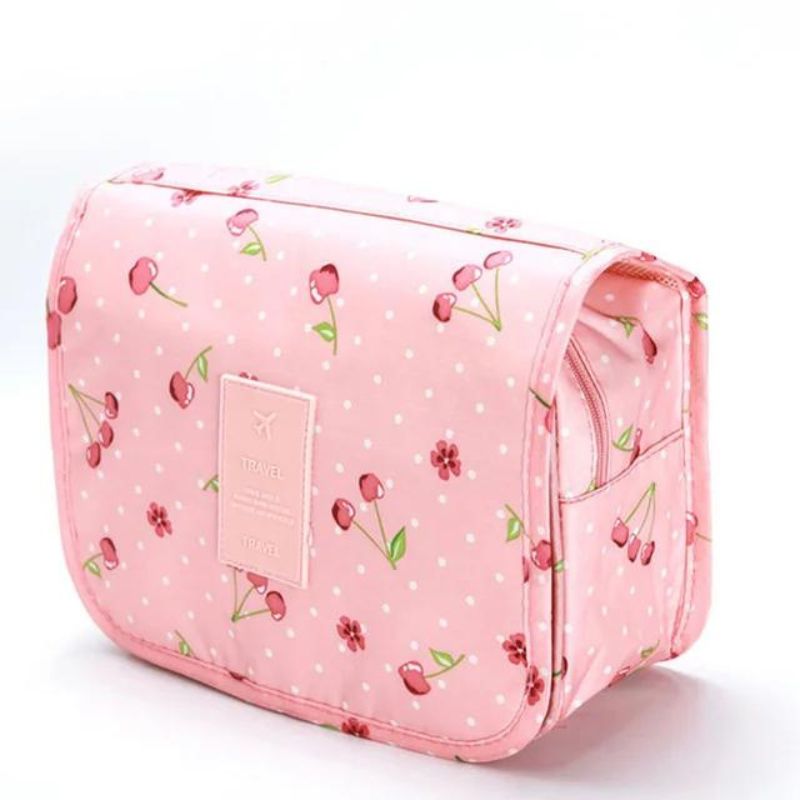 women's toiletry bag with pockets - Pink Cherry Print